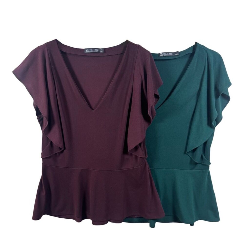 New York & Company Peplum Top Bundle 2 Jewel Tone Burgundy & Green Womens Large